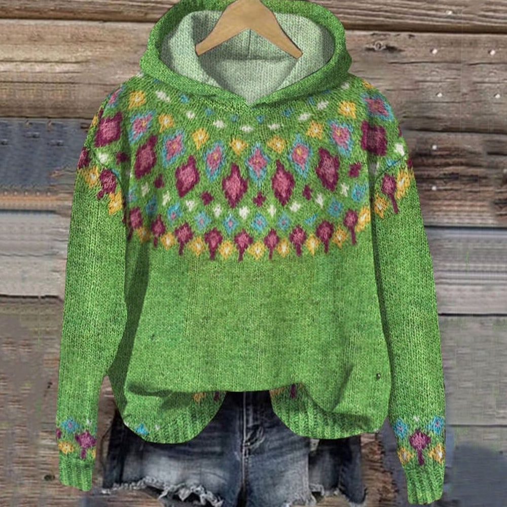 Women's Nordic Fair Isle Knitted Jumper Hooded Pullover - Green