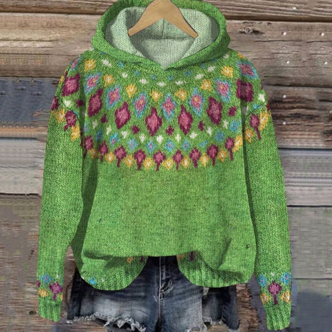 Women's Nordic Fair Isle Knitted Jumper Hooded Pullover - Green