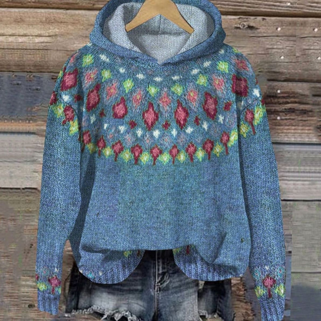Women's Nordic Fair Isle Knitted Jumper Hooded Pullover - Blue