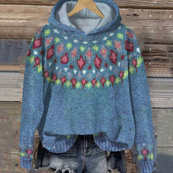 Women's Nordic Fair Isle Knitted Jumper Hooded Pullover - Blue