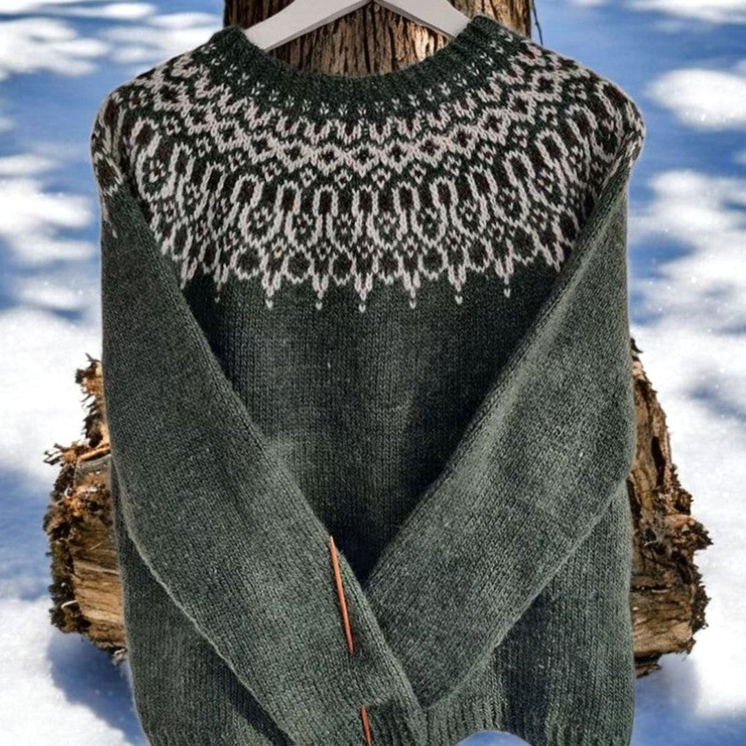 Women's Nordic Fair Isle Knitted Jumper Round Neck Pullover - Green