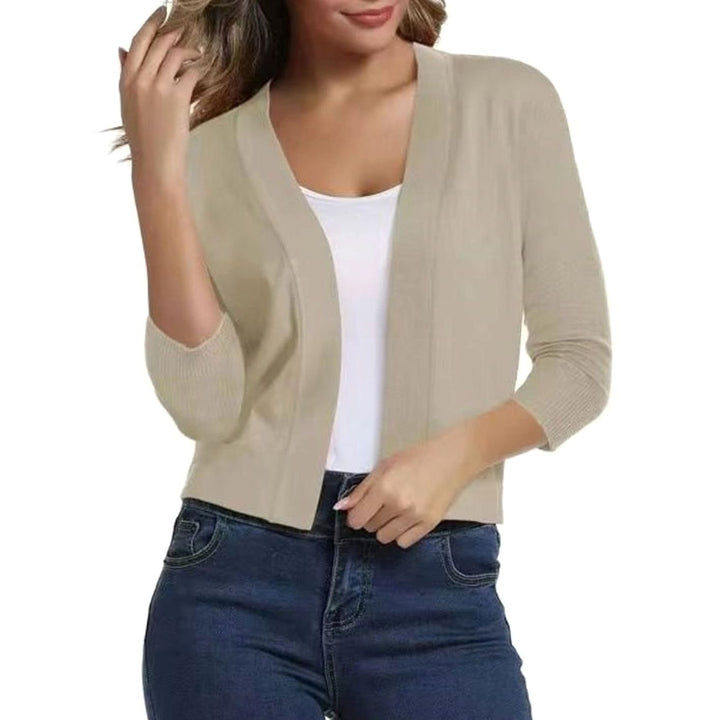 Women's Open-Front 3/4 Sleeve Cropped Cardigan - Beige