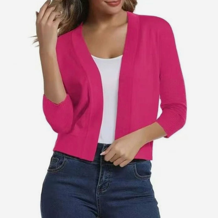 Women's Open-Front 3/4 Sleeve Cropped Cardigan - Red
