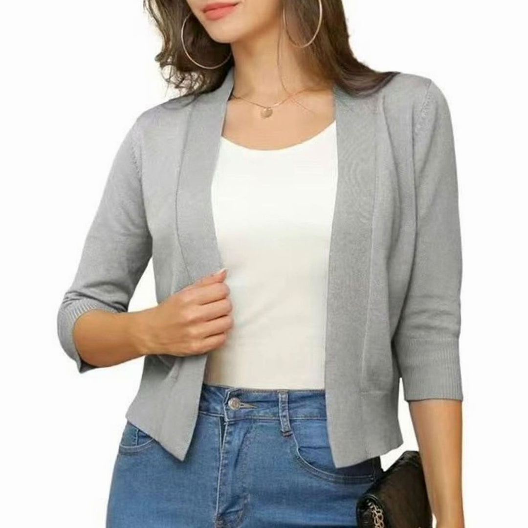 Women's Open-Front 3/4 Sleeve Cropped Cardigan - Silver Grey