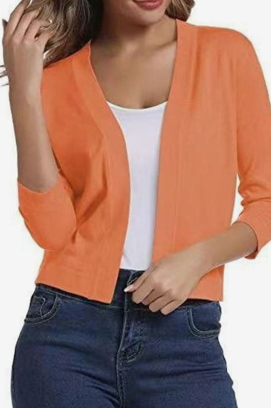 Women's Open-Front 3/4 Sleeve Cropped Cardigan - Orange