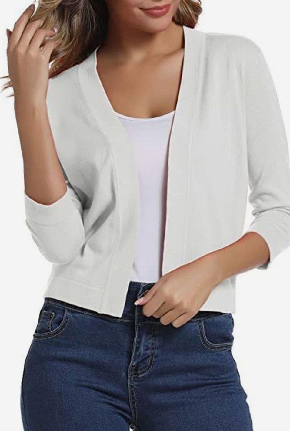 Women's Open-Front 3/4 Sleeve Cropped Cardigan - White