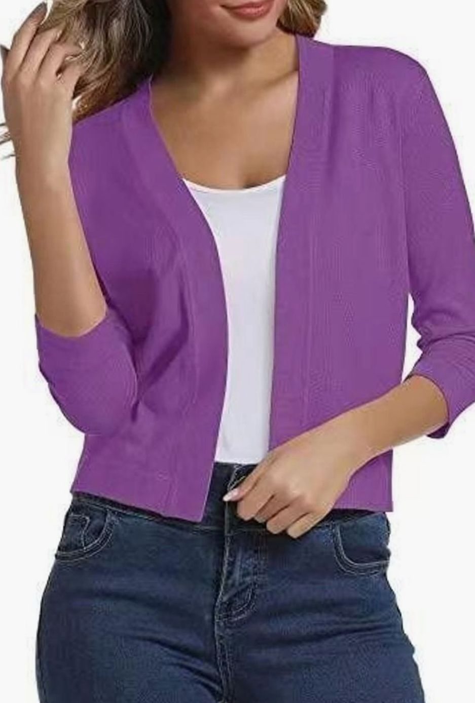 Women's Open-Front 3/4 Sleeve Cropped Cardigan - Purple
