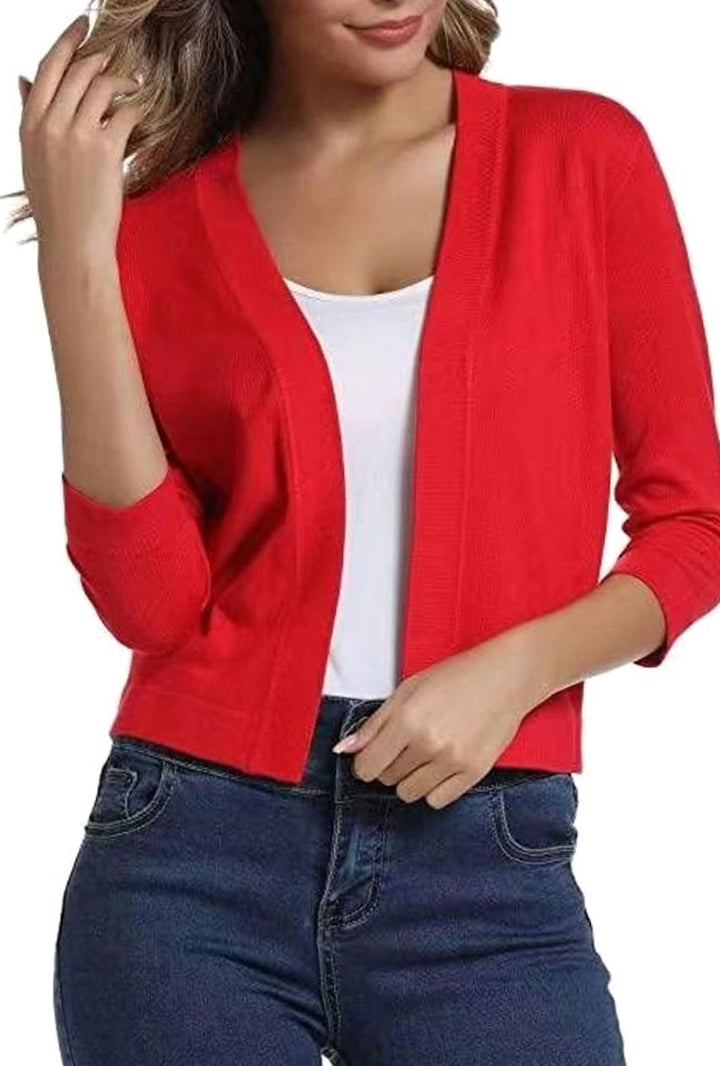 Women's Open-Front 3/4 Sleeve Cropped Cardigan - China Red