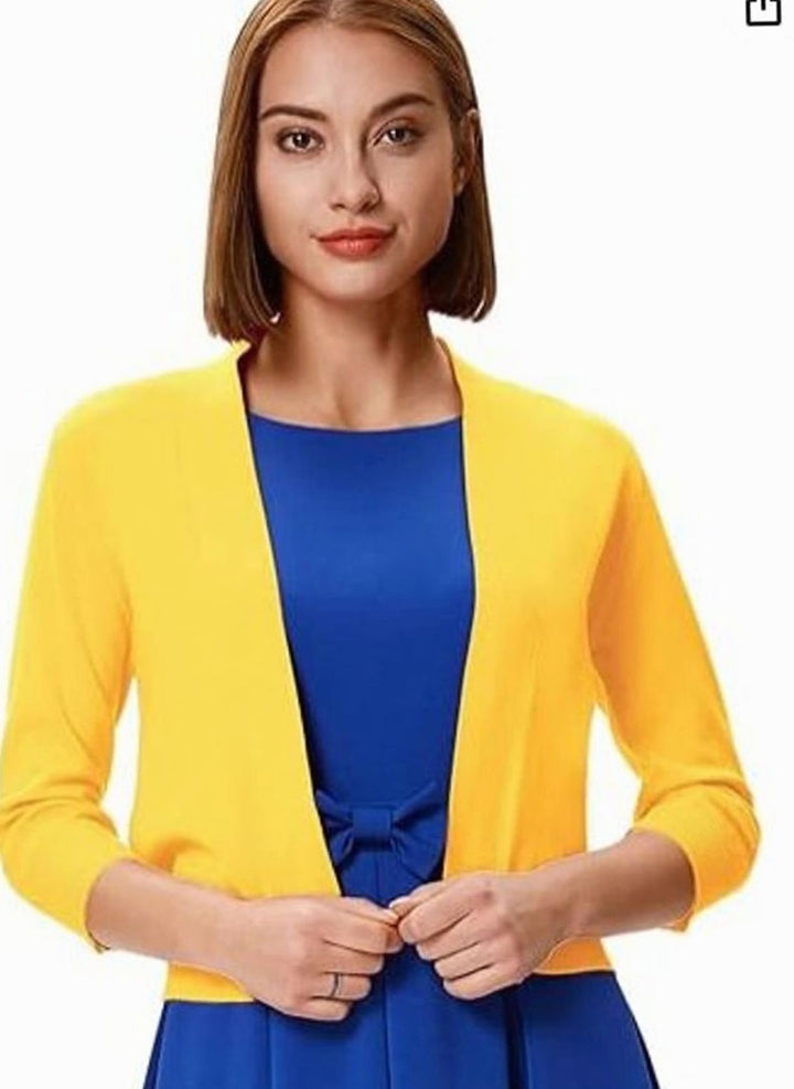Women's Open-Front 3/4 Sleeve Cropped Cardigan - Yellow