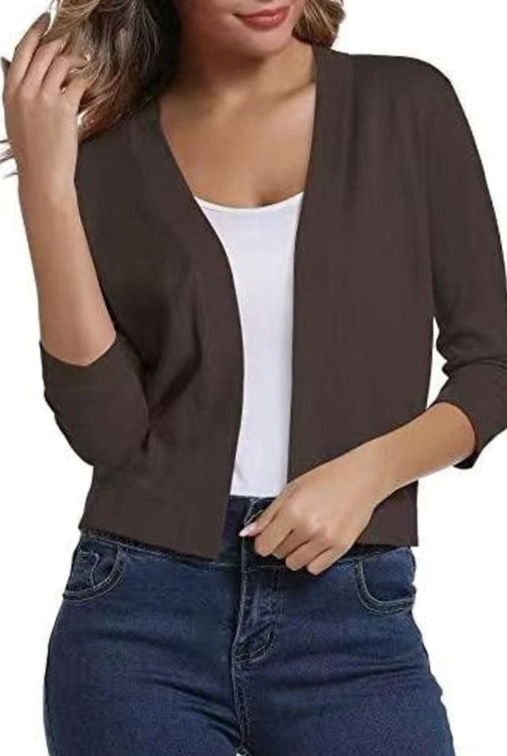 Women's Open-Front 3/4 Sleeve Cropped Cardigan - Brown