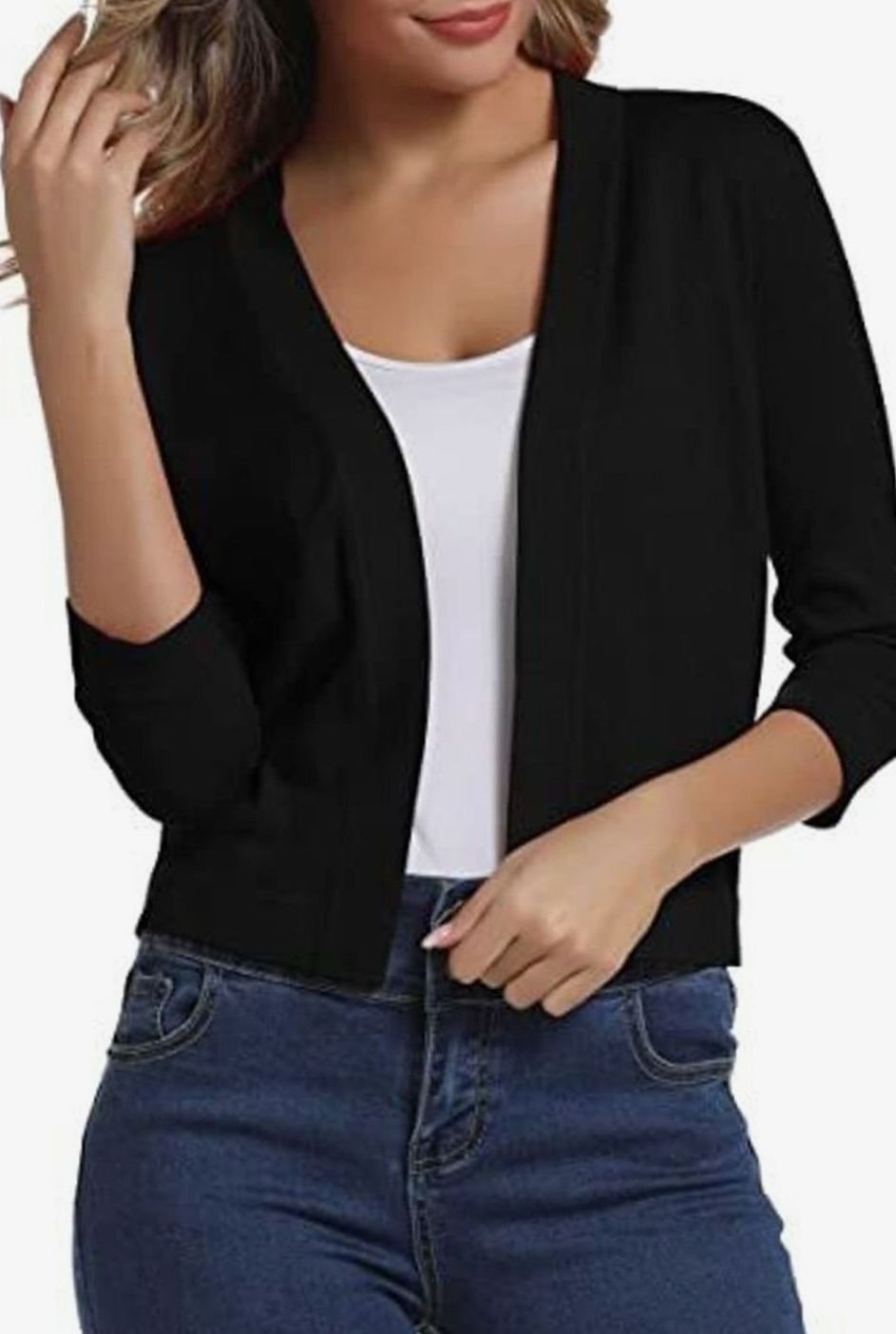 Women's Open-Front 3/4 Sleeve Cropped Cardigan - Black