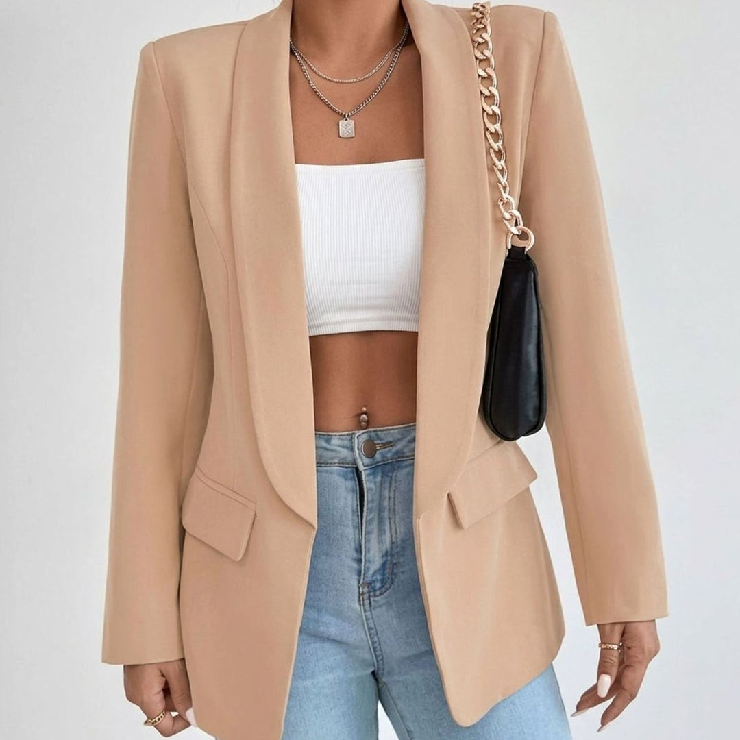 Women's Open-Front Lapel Mid-Length Smart Casual Blazer - Camel