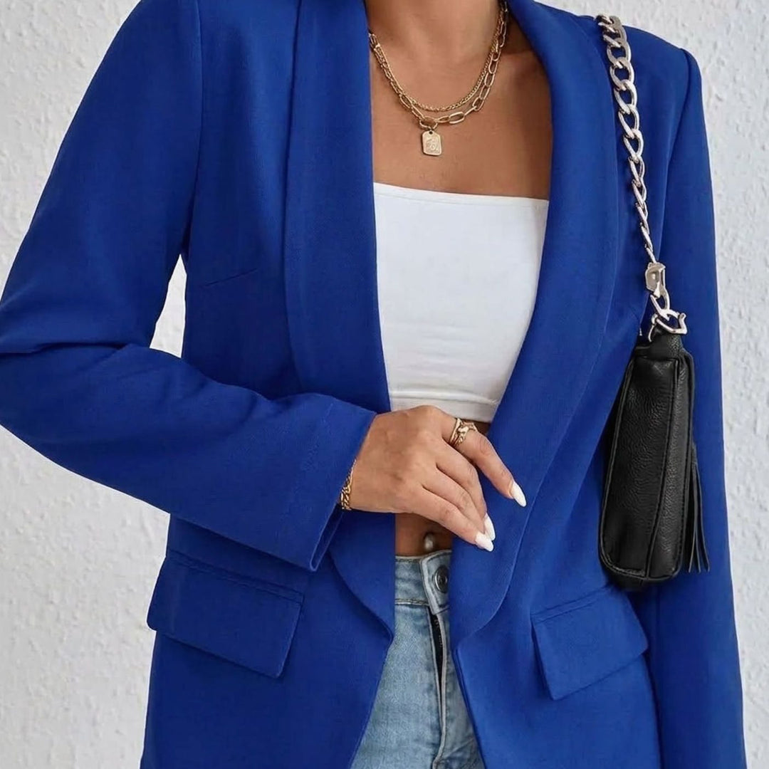 Women's Open-Front Lapel Mid-Length Smart Casual Blazer - Cobalt
