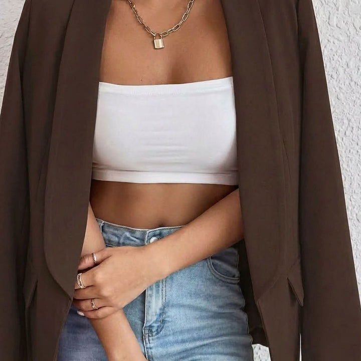 Women's Open-Front Lapel Mid-Length Smart Casual Blazer - Chocolate Brown