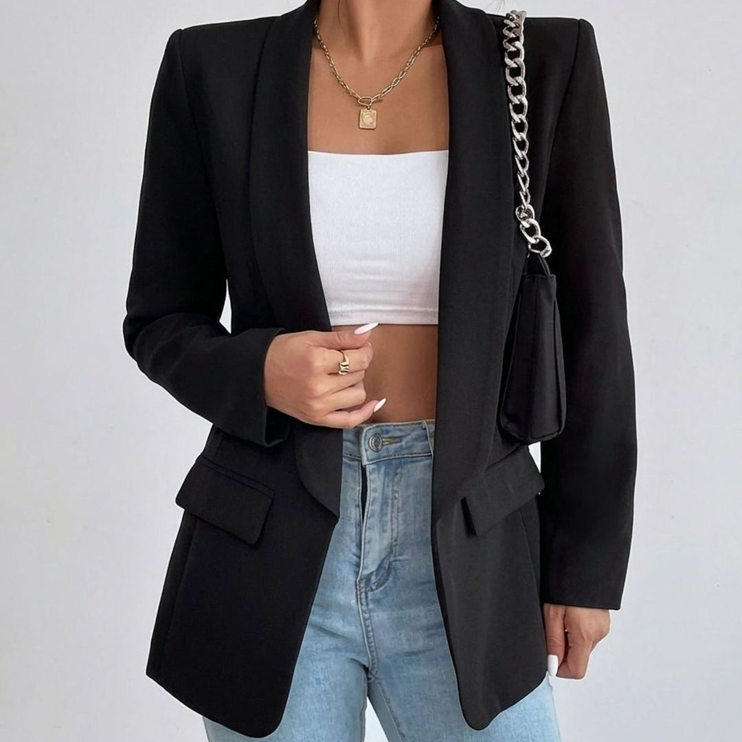 Women's Open-Front Lapel Mid-Length Smart Casual Blazer - Black