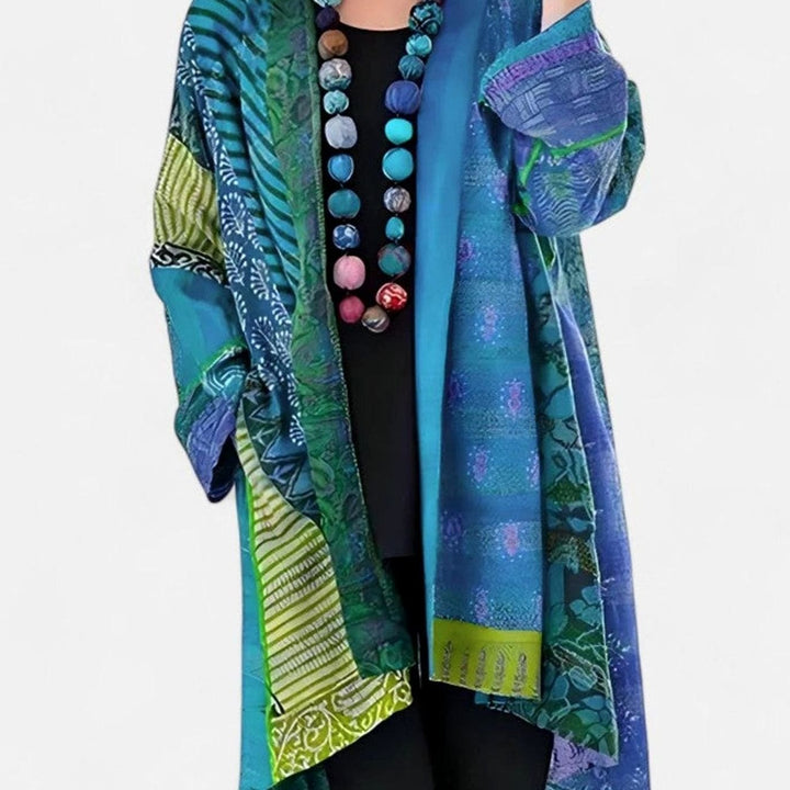 Women's Open-Front Patchwork Print Longline Cardigan - Blue