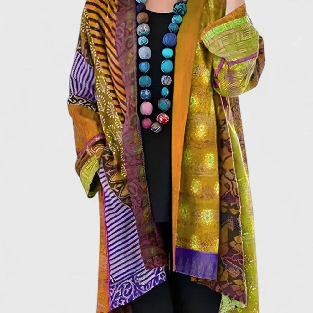 Women's Open-Front Patchwork Print Longline Cardigan - Yellow