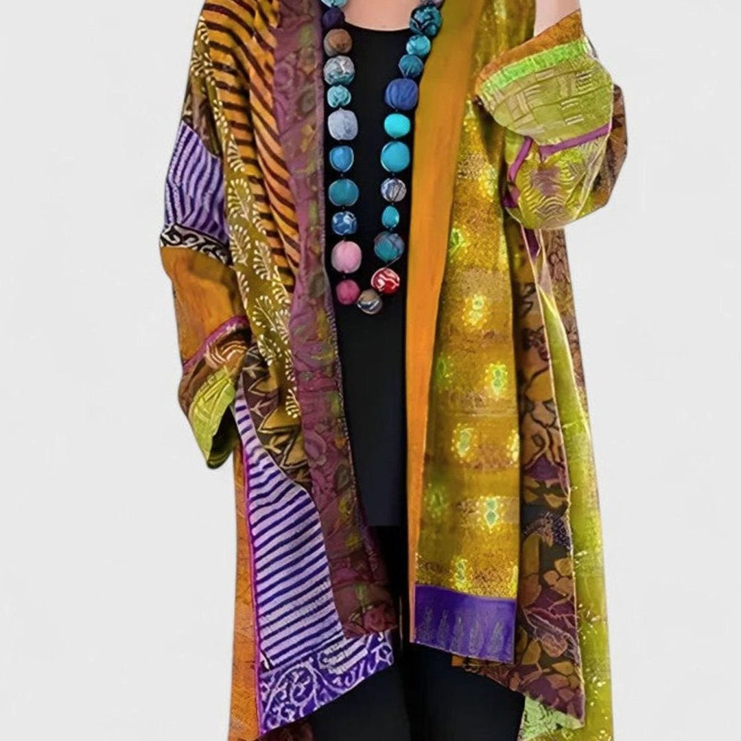 Women's Open-Front Patchwork Print Longline Cardigan - Yellow