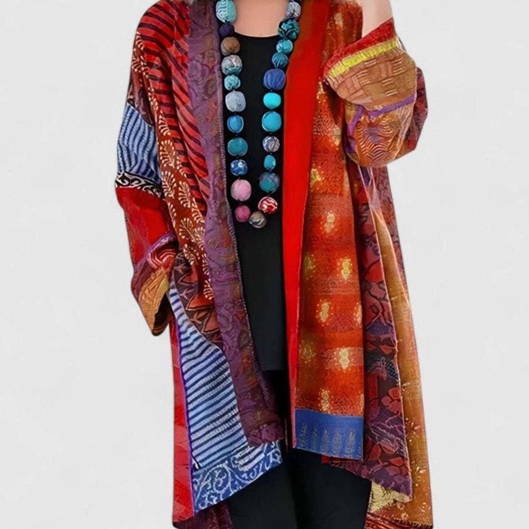 Women's Open-Front Patchwork Print Longline Cardigan - Red