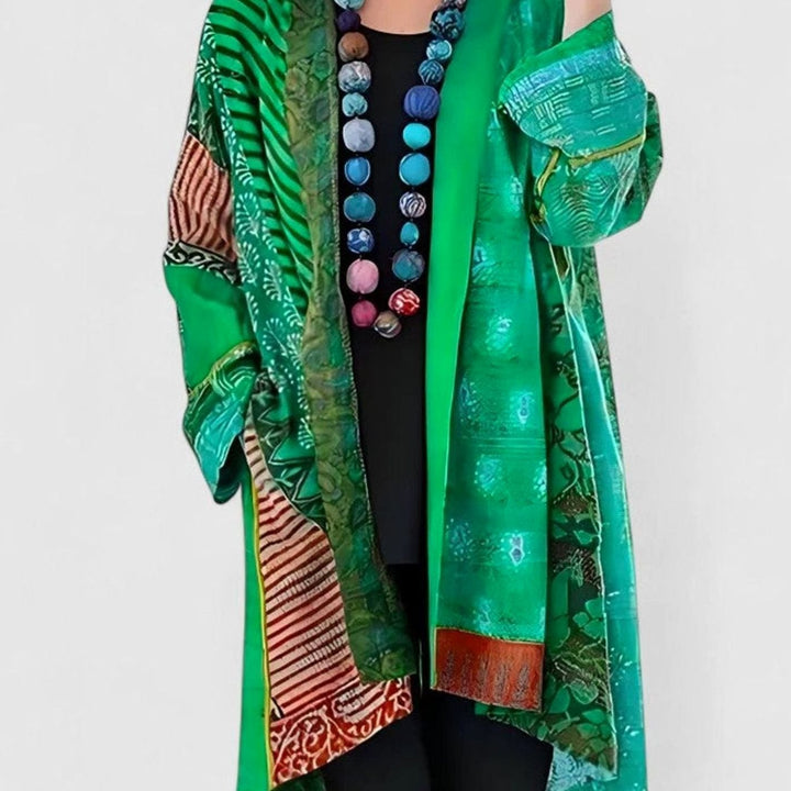 Women's Open-Front Patchwork Print Longline Cardigan - Green