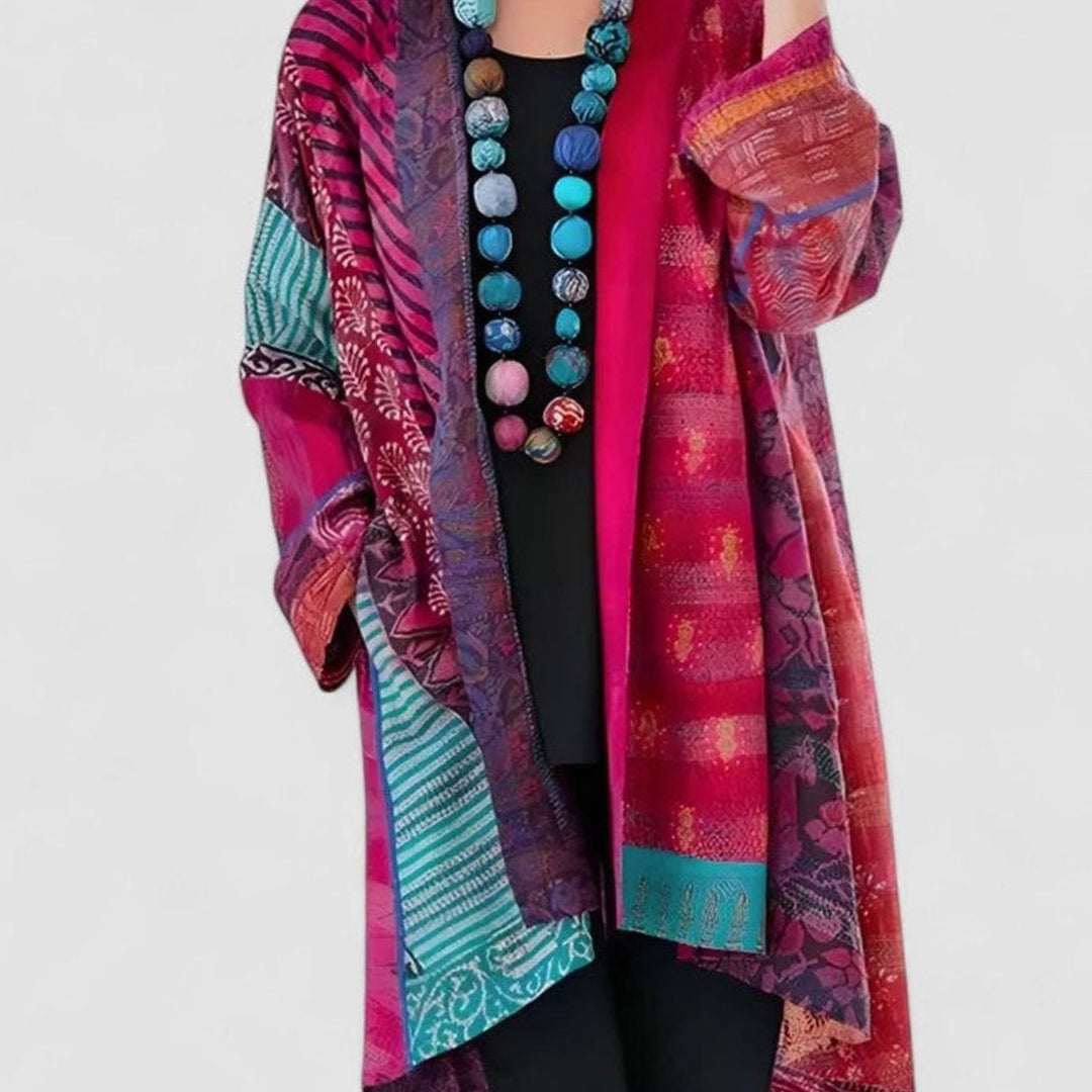 Women's Open-Front Patchwork Print Longline Cardigan - Pink
