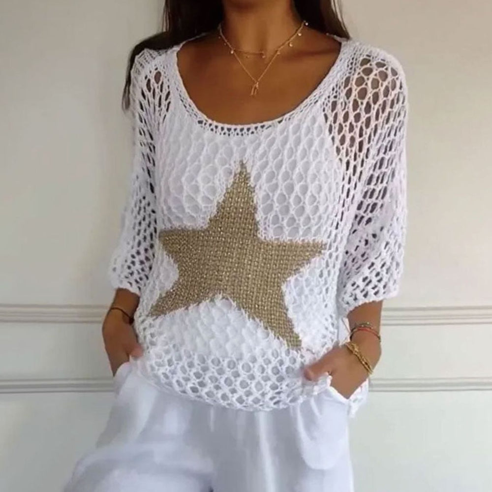 Women's Open-Knit Star Motif Relaxed-Fit Jumper