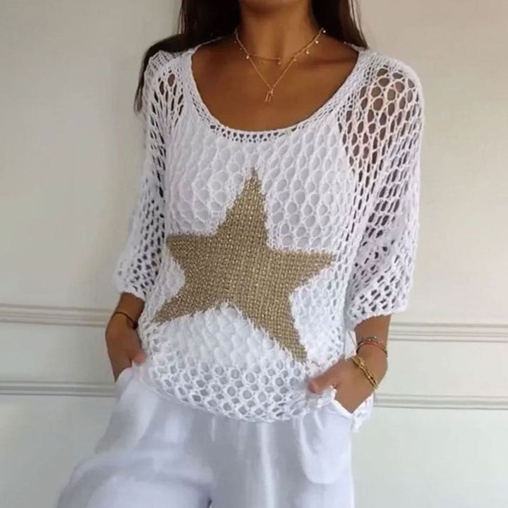 Women's Open-Knit Star Motif Relaxed-Fit Knitted Jumper - White