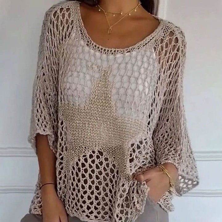 Women's Open-Knit Star Motif Relaxed-Fit Knitted Jumper - Khaki