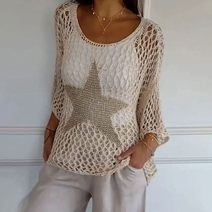 Women's Open-Knit Star Motif Relaxed-Fit Knitted Jumper - Apricot