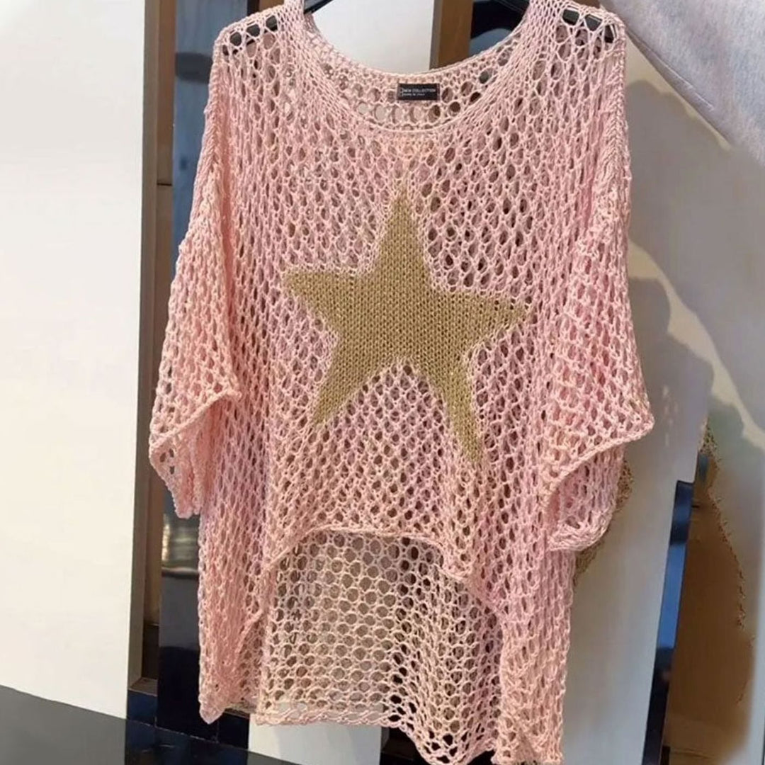 Women's Open-Knit Star Motif Relaxed-Fit Knitted Jumper - Pink