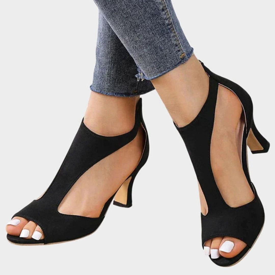 Women's Orthopaedic Peep-Toe Block-Heel Cut-Out Sandals - Black