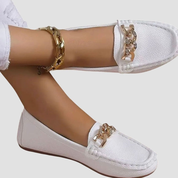 Women's Orthopedic Cushioned Slip-On Loafers Gold Chain Detail - White