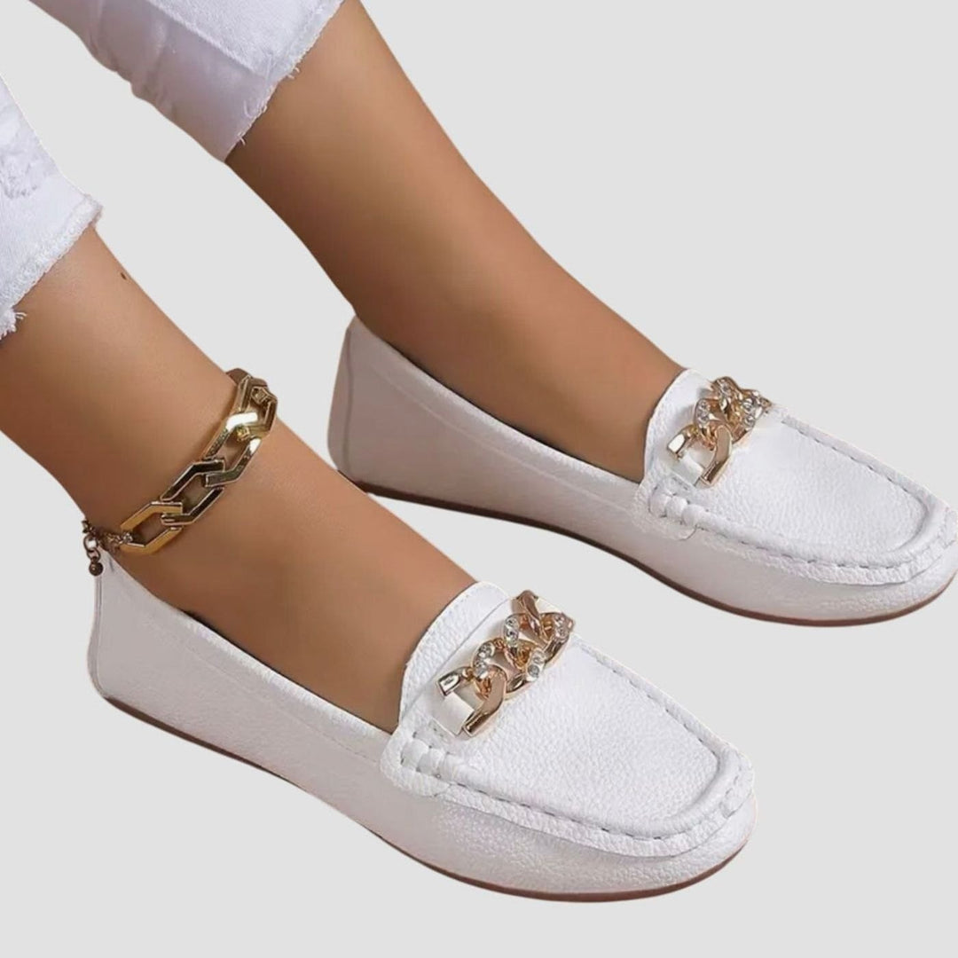 Women's Orthopedic Cushioned Slip-On Loafers Gold Chain Detail