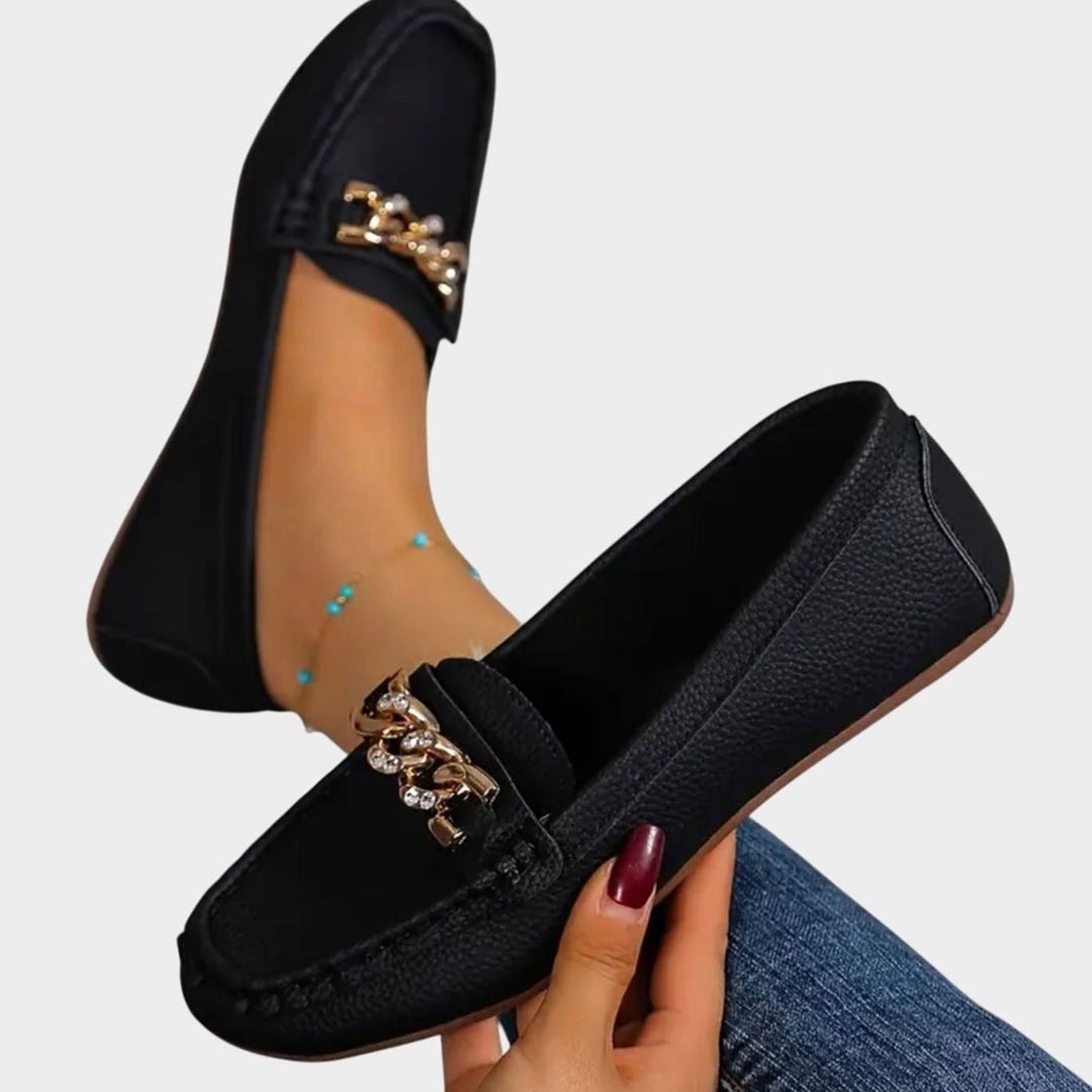Women's Orthopedic Cushioned Slip-On Loafers Gold Chain Detail