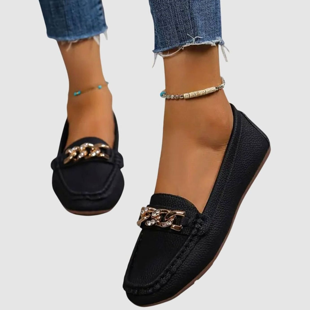 Women's Orthopedic Cushioned Slip-On Loafers Gold Chain Detail - Black