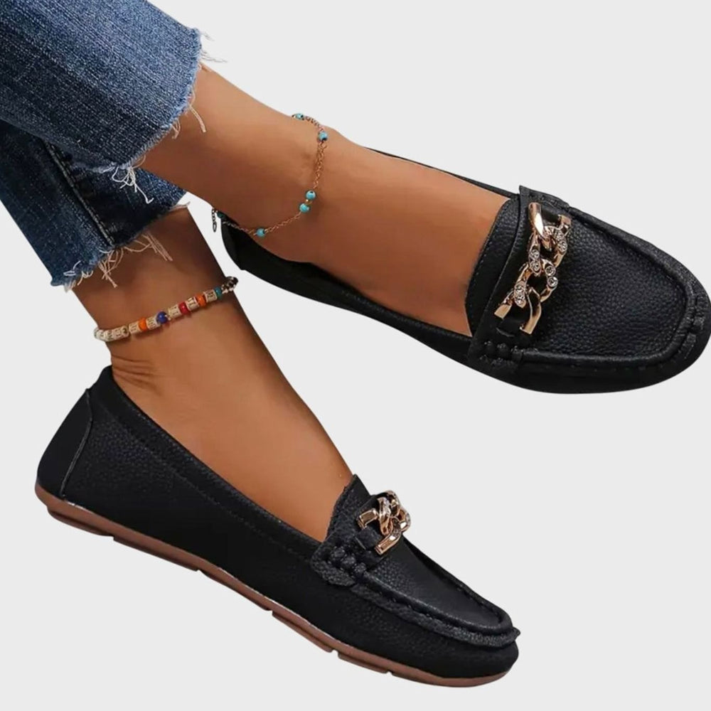 Women's Orthopedic Cushioned Slip-On Loafers Gold Chain Detail