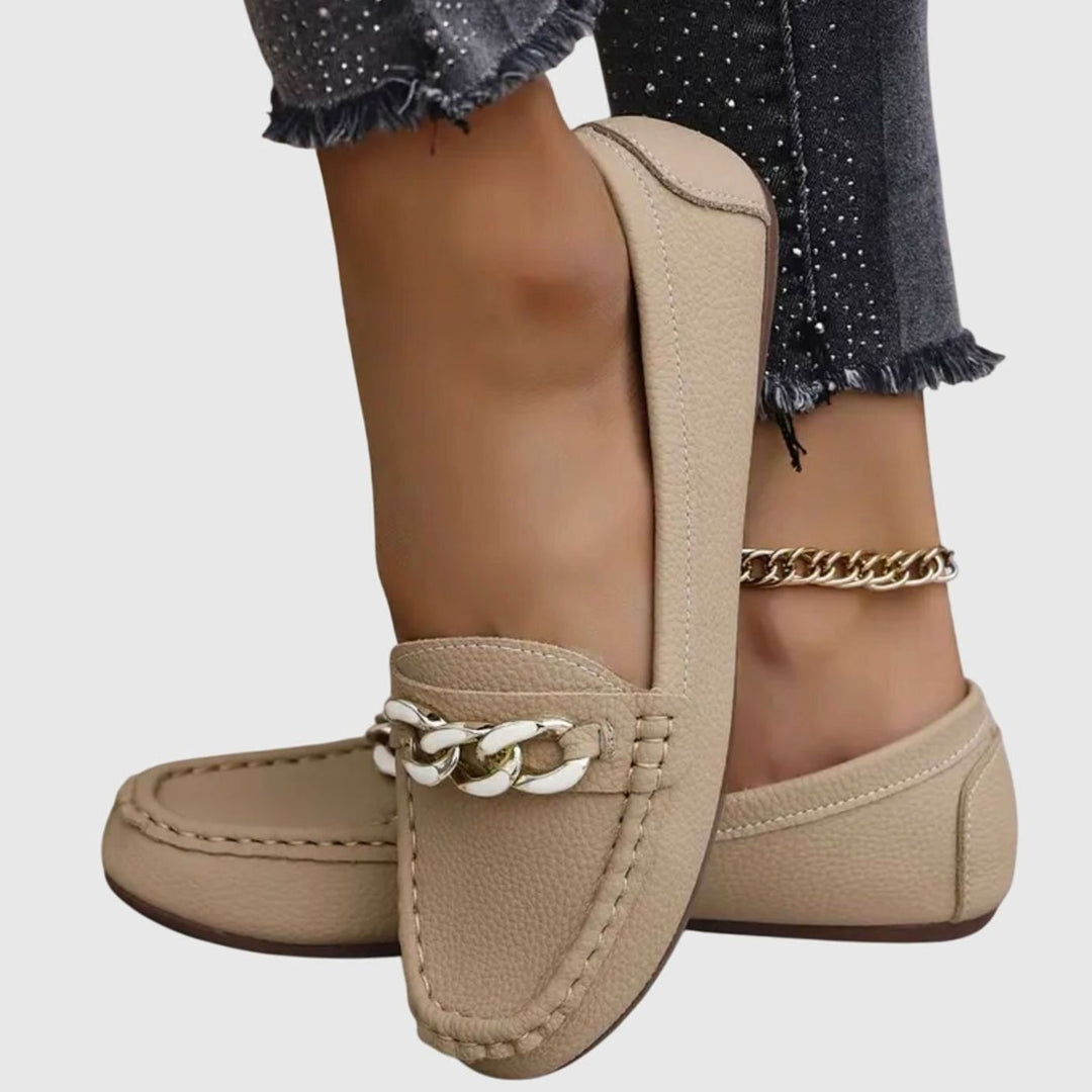 Women's Orthopedic Cushioned Slip-On Loafers Gold Chain Detail - Beige