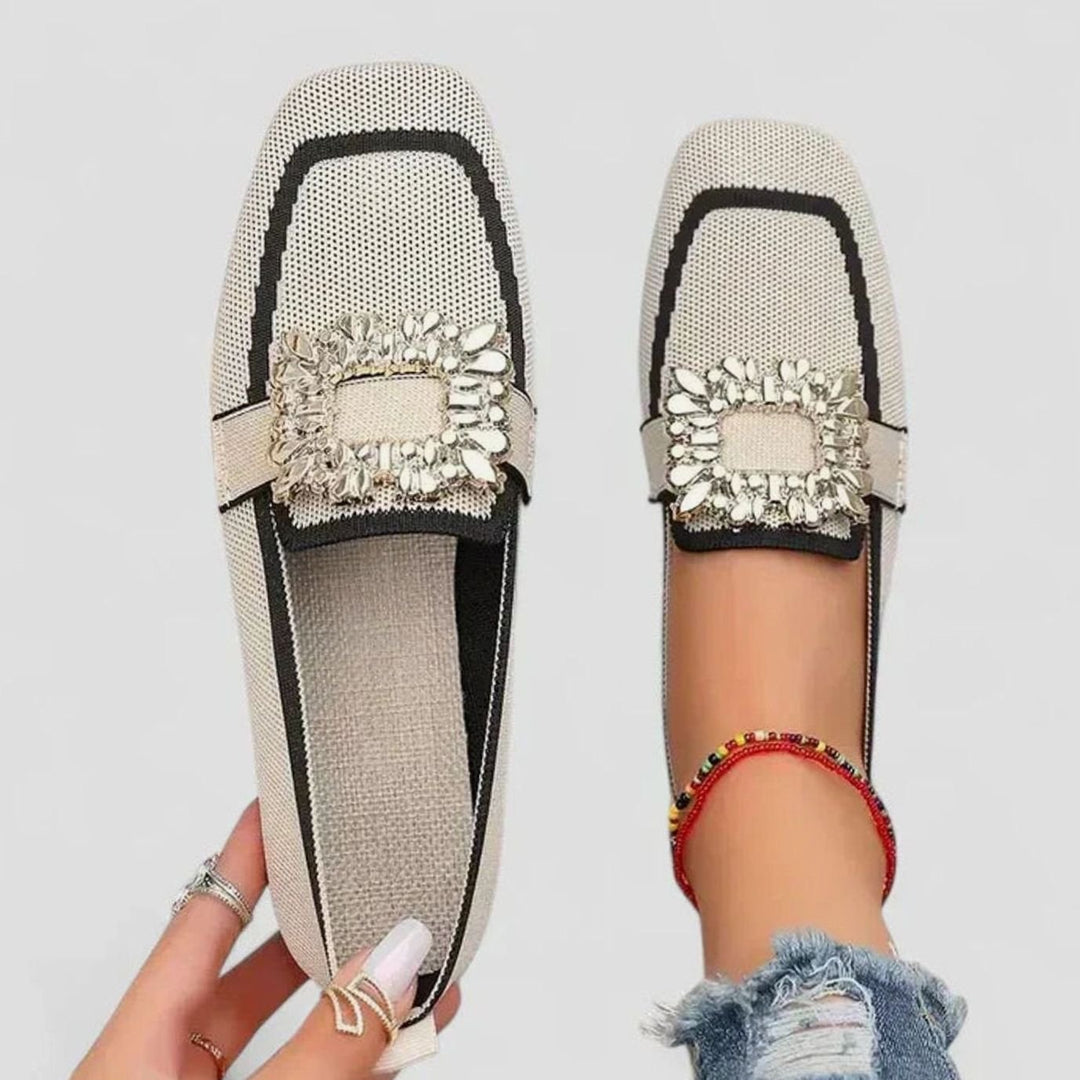 Women's Orthopedic Loafers Cushioned Insole Embellished Buckle Flats - Beige