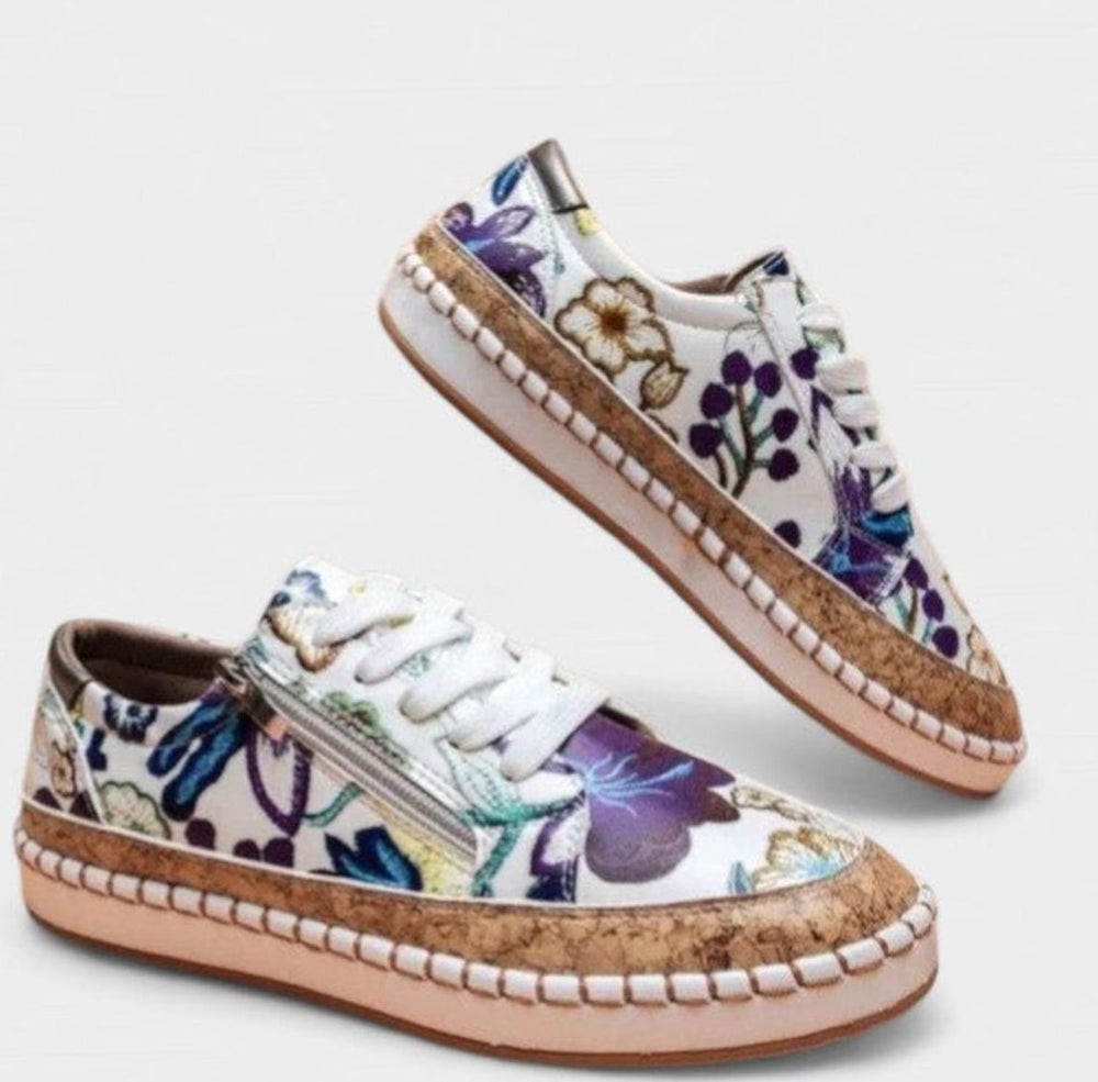 Women's Orthopedic Slip-On Floral Cork-Sole Arch Support Trainers - Blue Flora