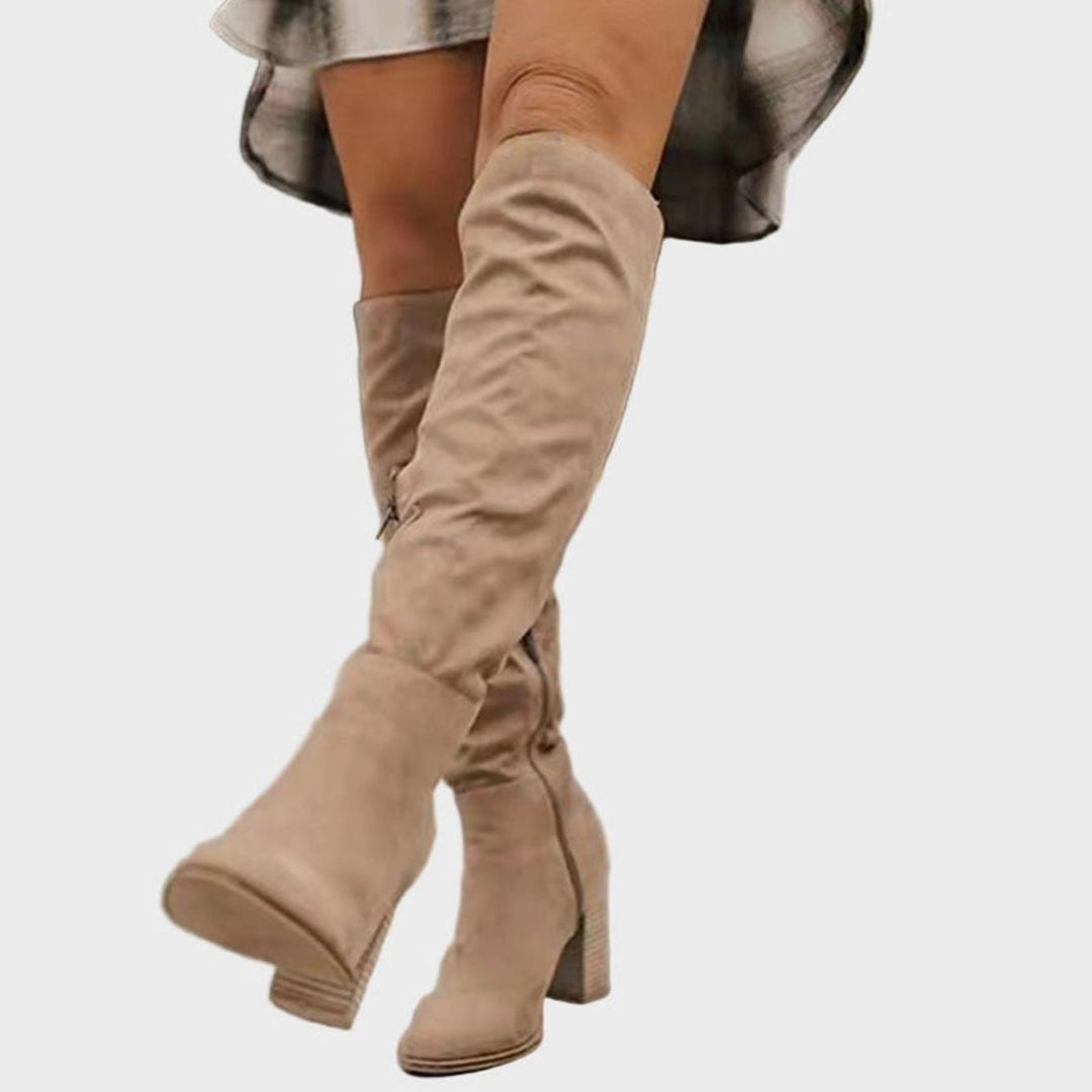 Women's Over-the-Knee Block-Heel Suede-Effect Boots - Beige