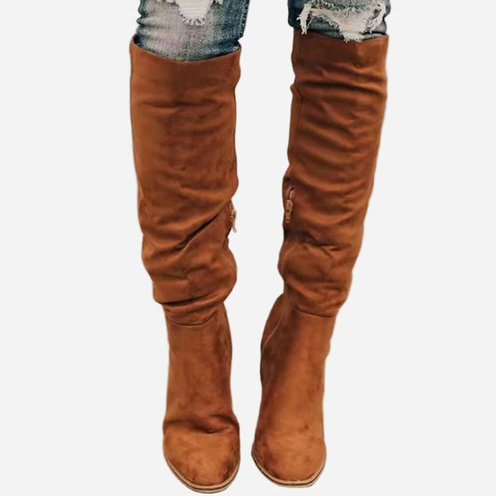 Women's Over-the-Knee Block-Heel Suede-Effect Boots - Brown
