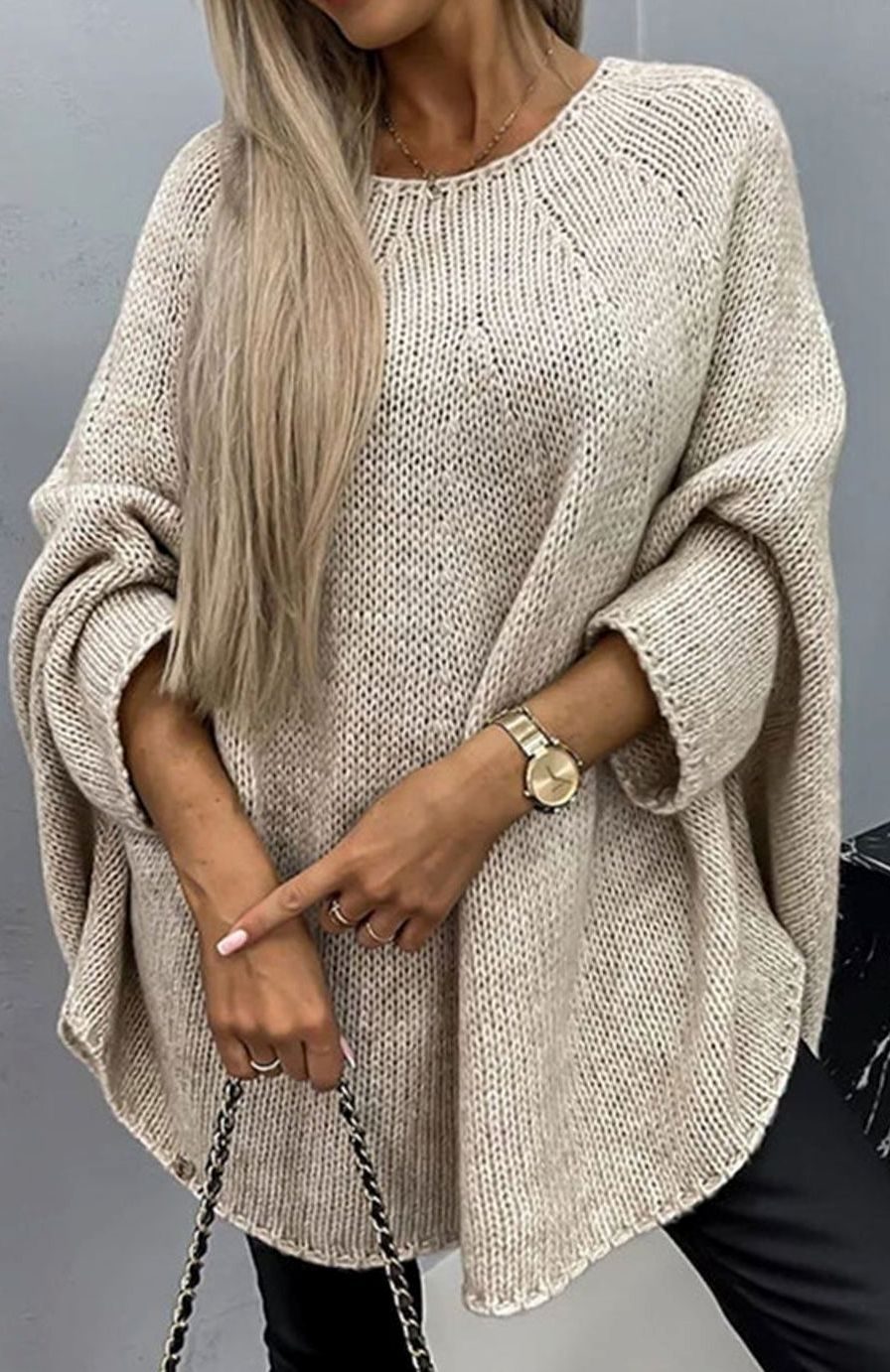 Women's Oversized Batwing-Sleeve Round-Neck Knitted Jumper - Beige