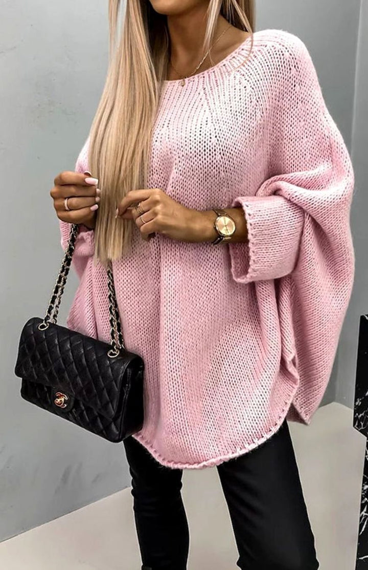 Women's Oversized Batwing-Sleeve Round-Neck Knitted Jumper - Pink