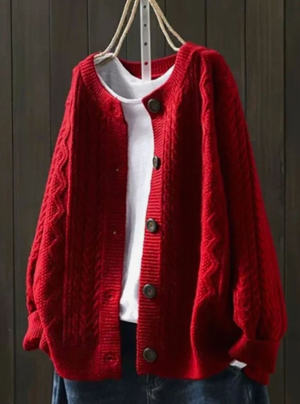 Women's Oversized Cable-Knit Button-Down Cardigan Sweater - Red
