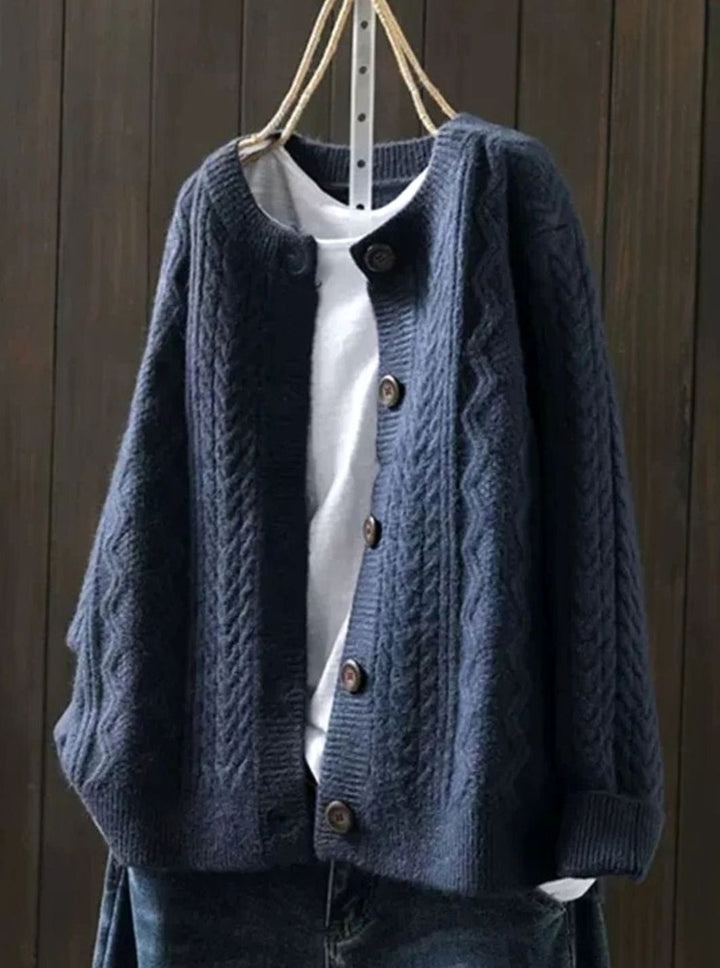 Women's Oversized Cable-Knit Button-Down Cardigan Sweater - Navy Blue