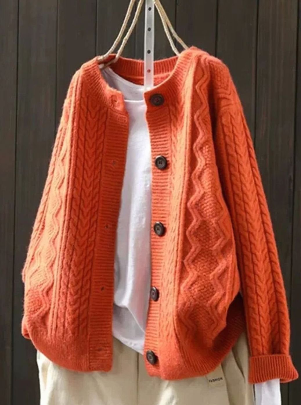Women's Oversized Cable-Knit Button-Down Cardigan Sweater - Orange