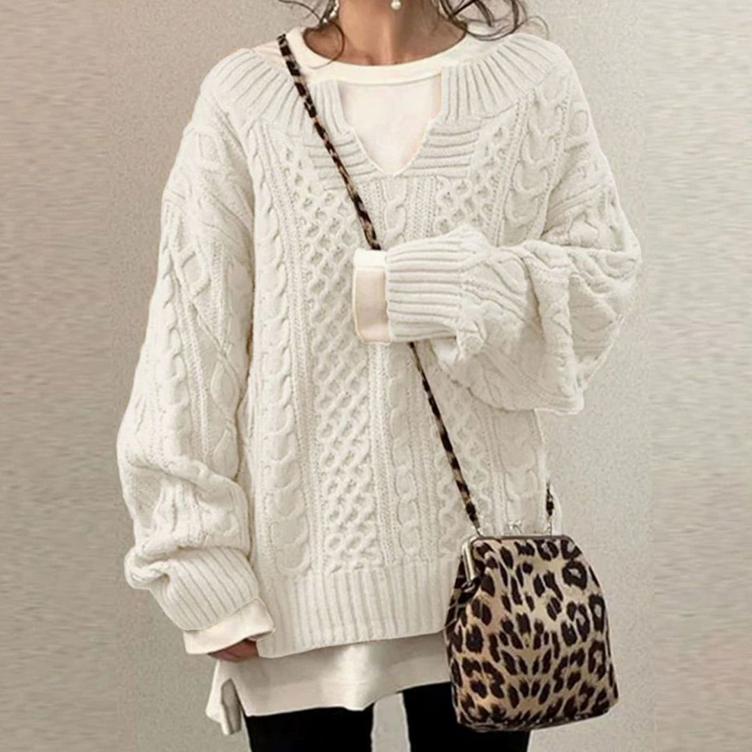 Women's Oversized Cable-Knit Jumper Long Sleeve Pullover - White