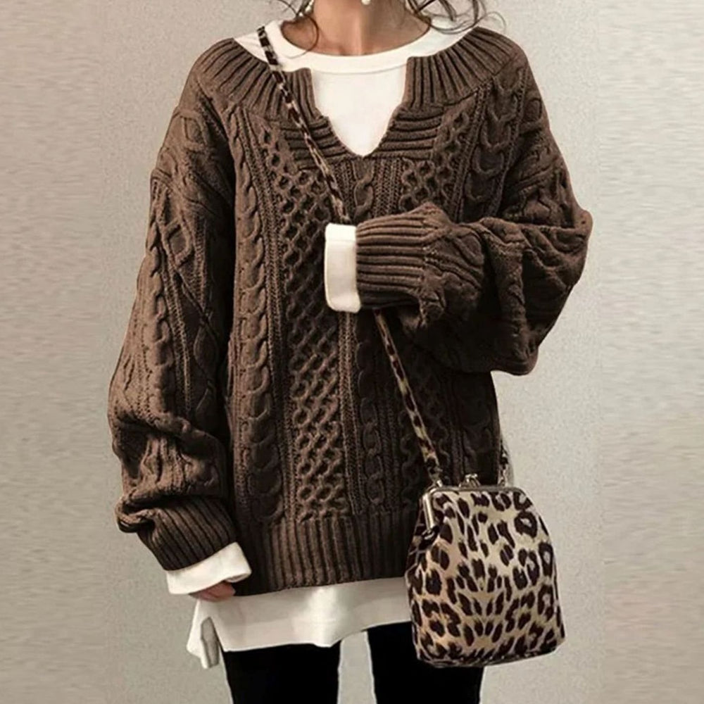 Women's Oversized Cable-Knit Jumper Long Sleeve Pullover - Brown