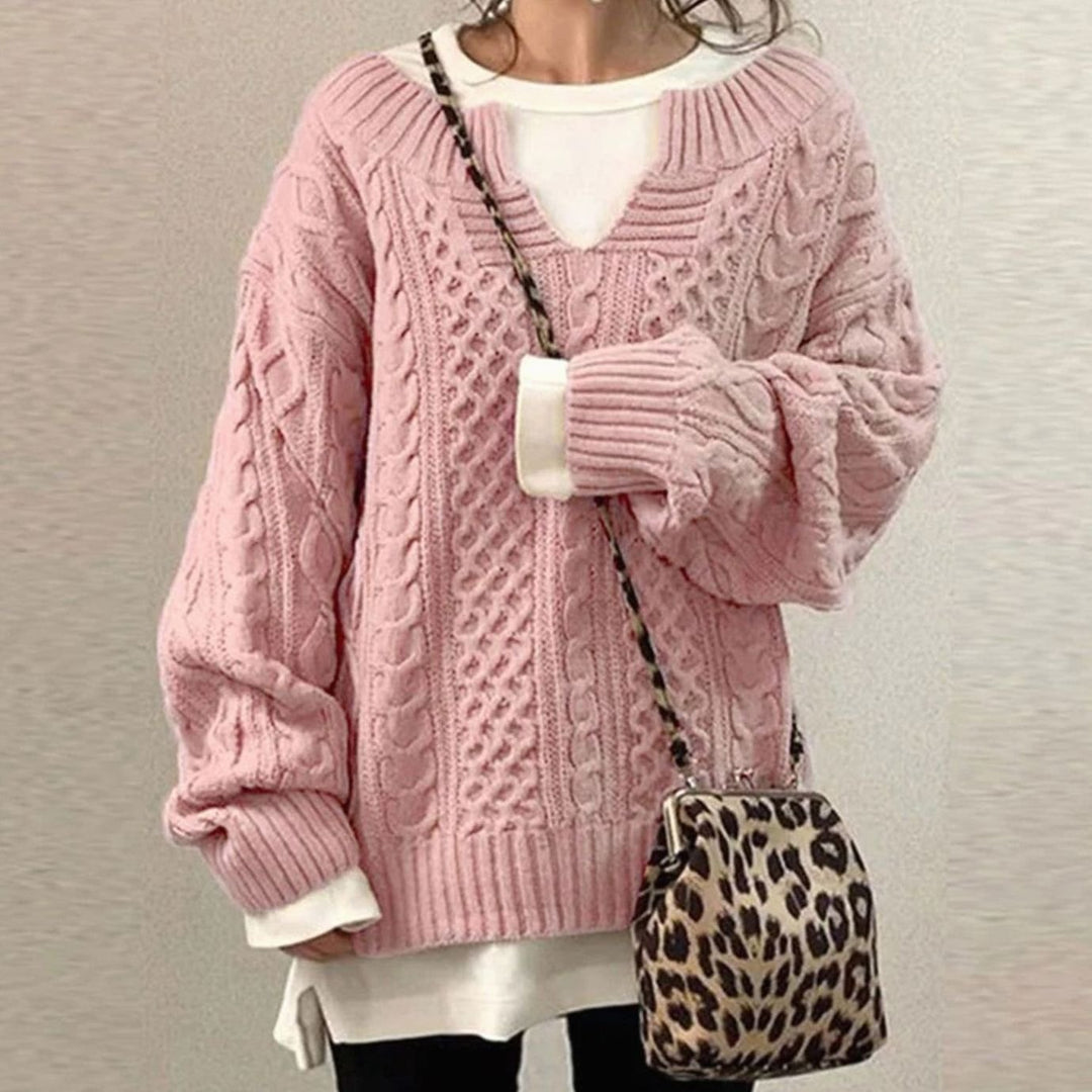 Women's Oversized Cable-Knit Jumper Long Sleeve Pullover - Pink