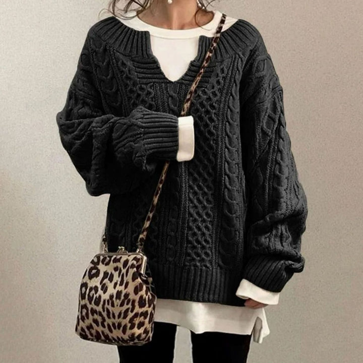 Women's Oversized Cable-Knit Jumper Long Sleeve Pullover - Black